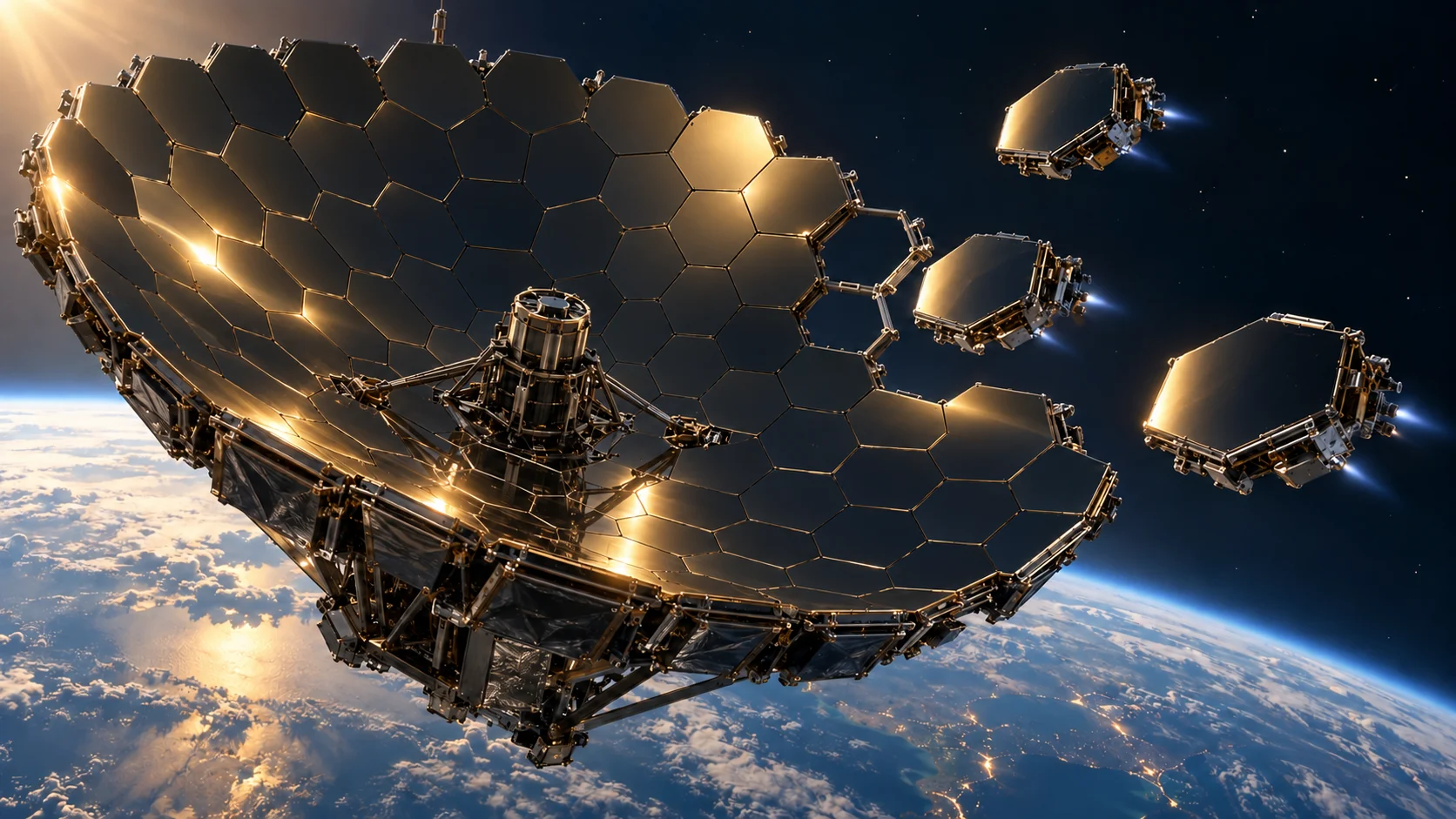 AI concept illustration of spacecraft assembling a segmented telescope above Earth, with its mirror facing deep space
