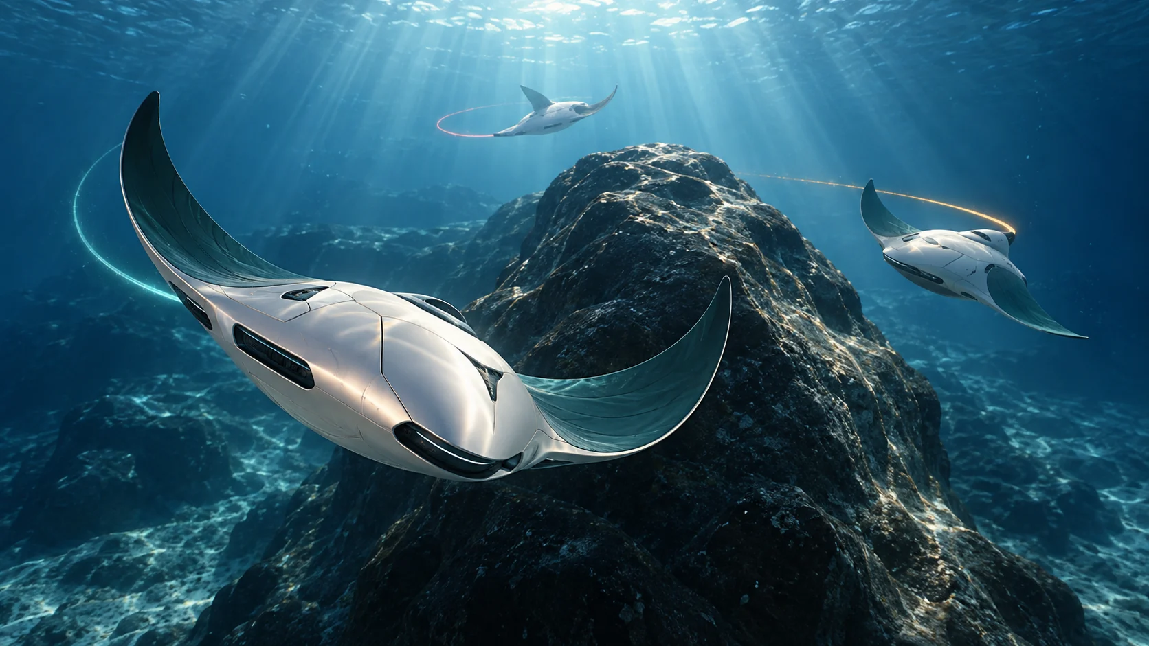AI concept illustration of three manta-shaped underwater robots navigating around a rock along colored paths