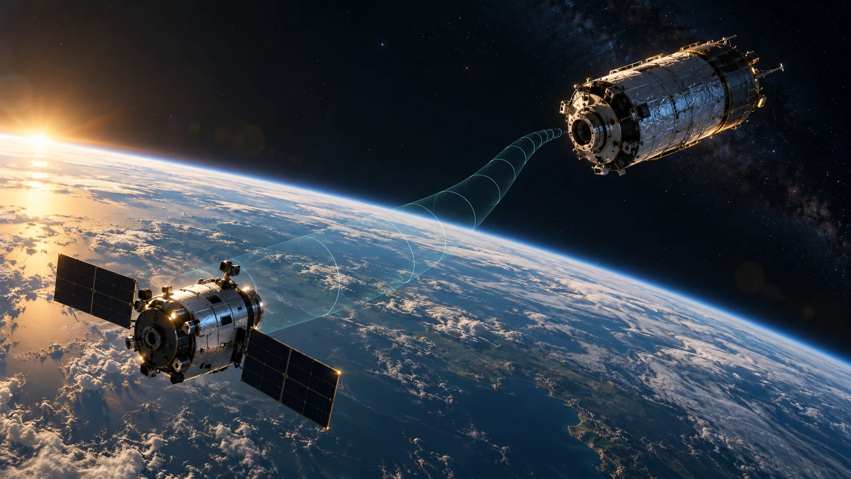 AI concept illustration of two spacecraft approaching over Earth, connected by a translucent teal approach corridor