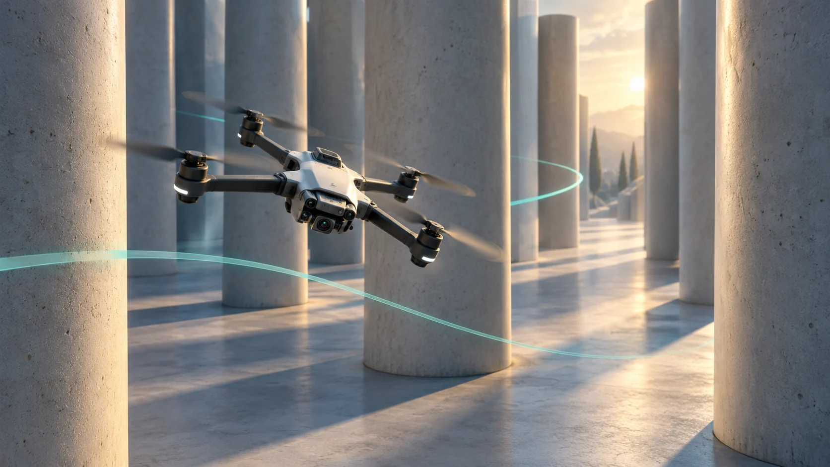 AI concept illustration of a quadrotor flying between tall columns with sweeping teal trajectory ribbons